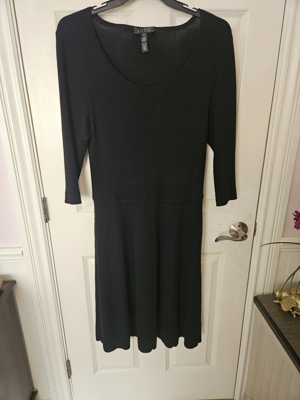Ralph Lauren 2X Wool Black Ribbed Scoop-Neck Midi Sweater Dress